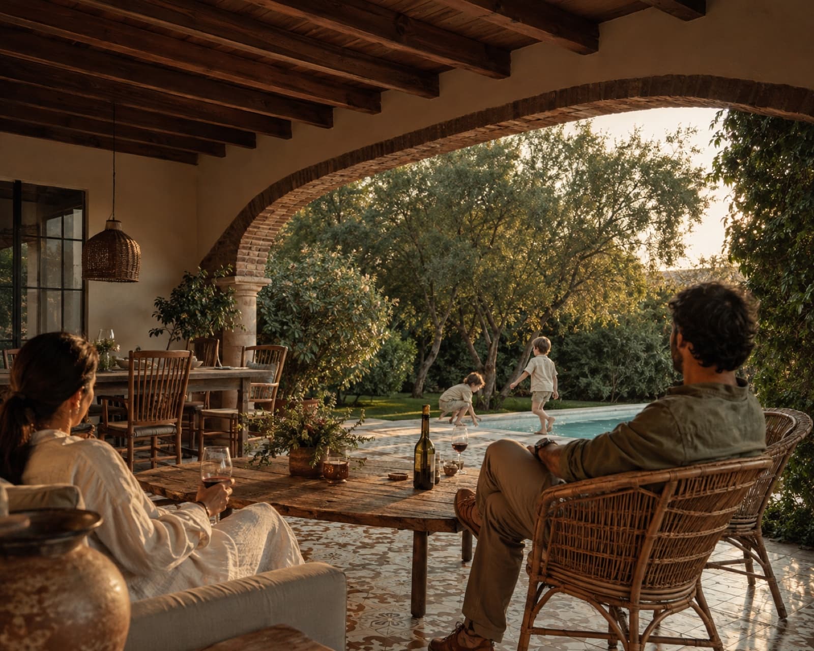 Familia disfrutando la terraza y la alberca de una casa de campo en Tequisquiapan al atardecer.